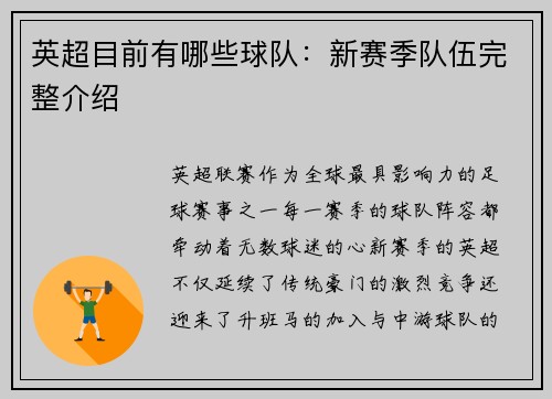 英超目前有哪些球队：新赛季队伍完整介绍