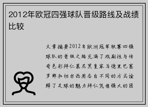 2012年欧冠四强球队晋级路线及战绩比较