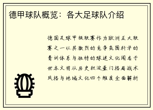 德甲球队概览：各大足球队介绍