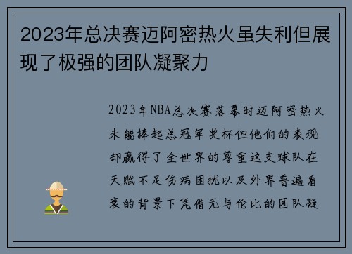 2023年总决赛迈阿密热火虽失利但展现了极强的团队凝聚力
